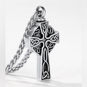 Stainless Steel Celtic Cross Urn Necklace for Ashes Spiga Chain  NIB